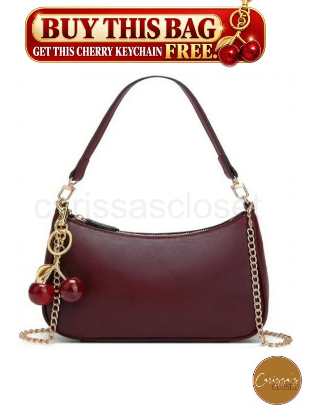 ✨ MOPOVO Black PU Leather Shoulder Bag with Cherry Charm & Chain Strap